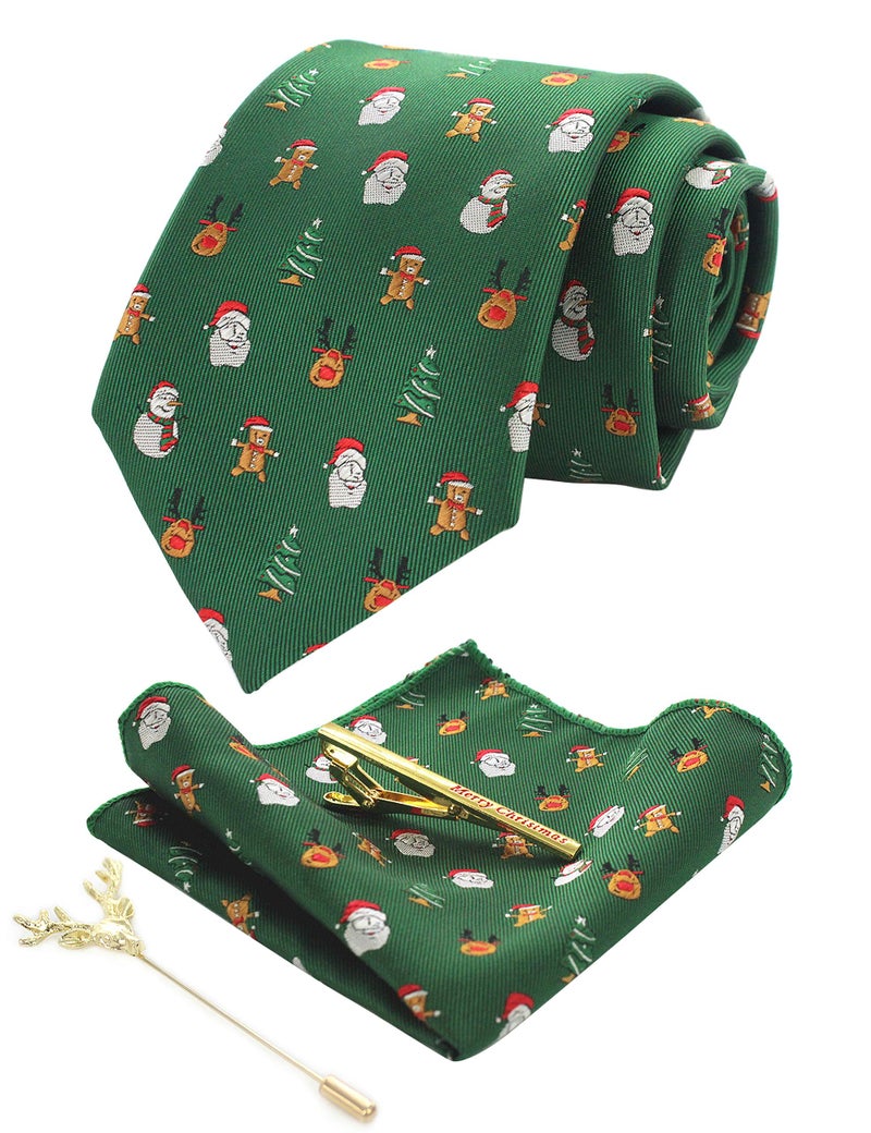 JEMYGINS Festival Silk Necktie Green Santa Claus Snowman Christmas Tie and Pocket Square with Tie Clip and lapel pin Set(5) - Image 2